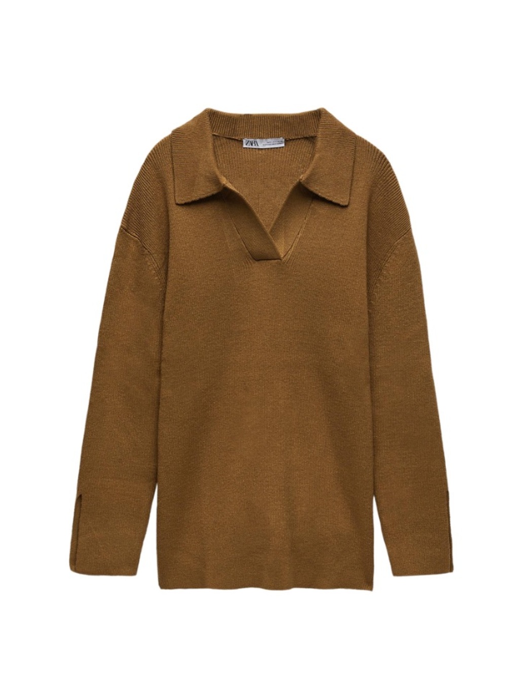 Zara Women's olive Brown split V-Neck Polo Sweater size medium oversized